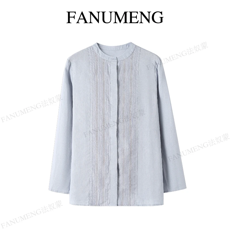 fanumeng【出海同款】长袖亚麻刺绣酵素水洗冰川女士度假蓝衬衫上衣