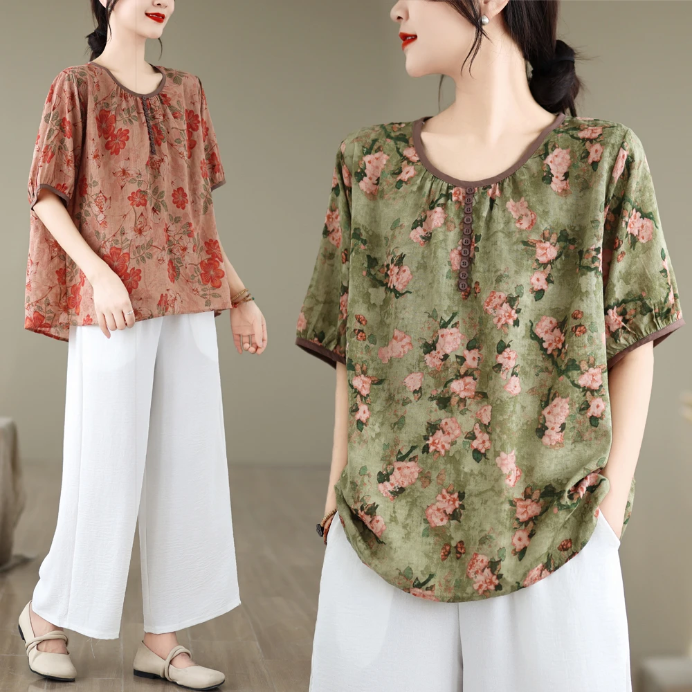 新中式薄款棉麻短袖衬衫女妈妈夏装新款中老年宽松遮肚子短袖t恤