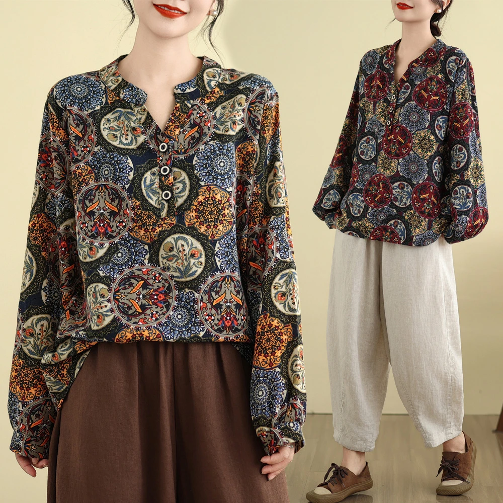 新中式高级感棉麻长袖上衣服女妈妈春秋装新款宽松遮肚子打底衬衫