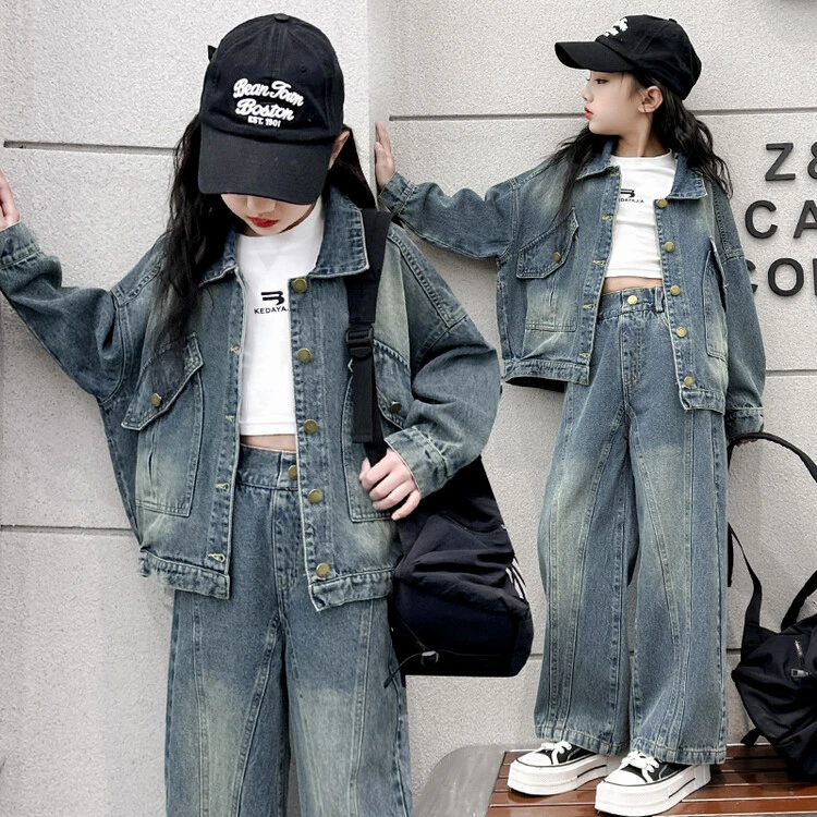 女童牛仔外套春秋洋气时髦牛仔衣儿童女孩女大童牛仔外套12-15岁