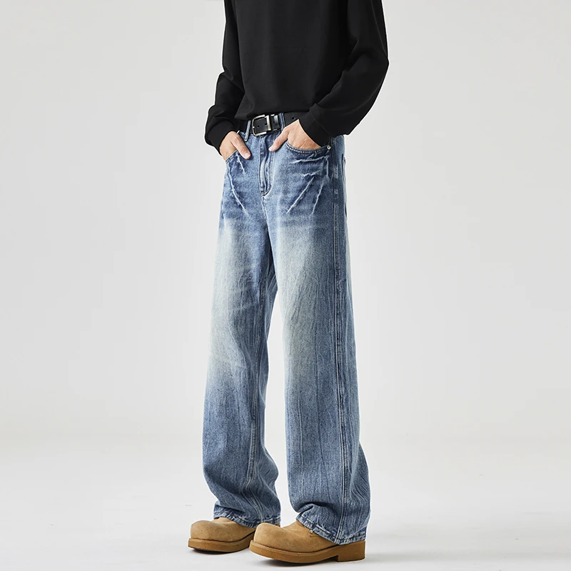 2025秋冬新款闪电纹美式牛仔裤男士潮牌高街痞帅高级感宽松直筒裤