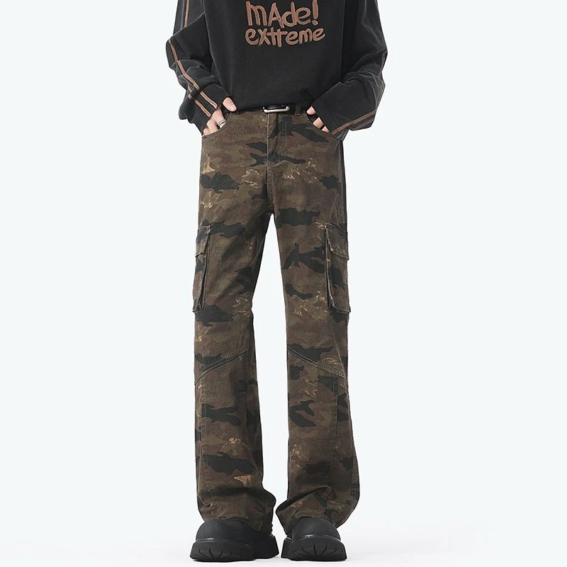 秋季cleanfit复古微喇迷彩工装裤男女美式宽松修身弹力高街休闲裤