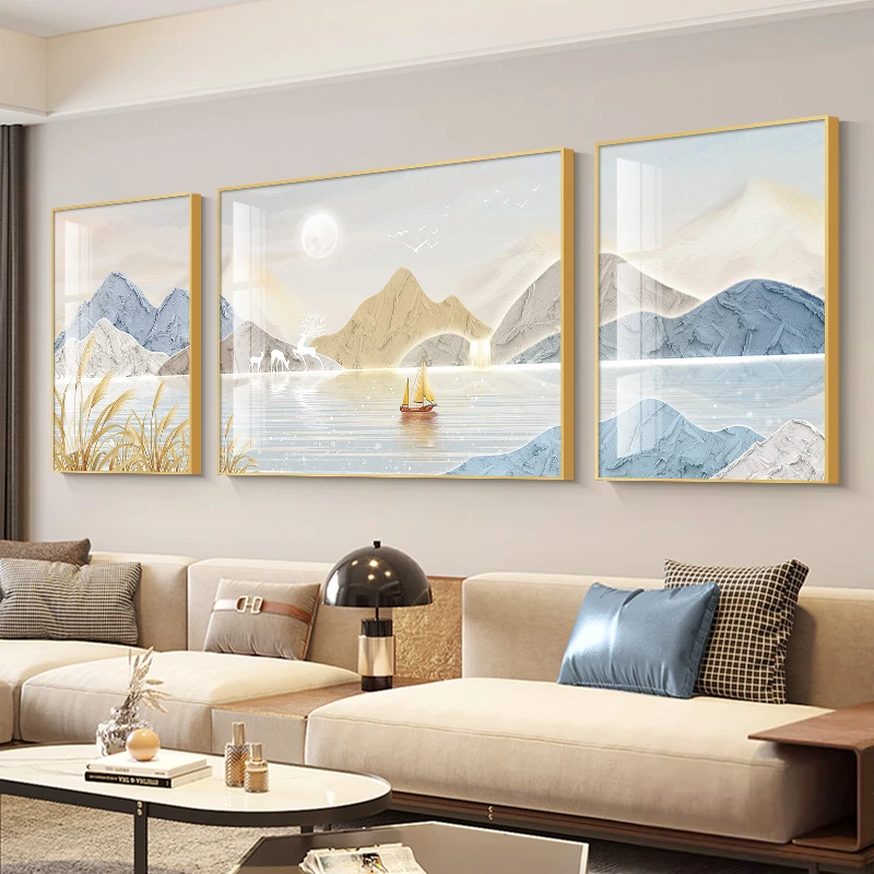 现代简约客厅装饰画肌理感山水画三联画风景沙发背景墙挂画墙壁画