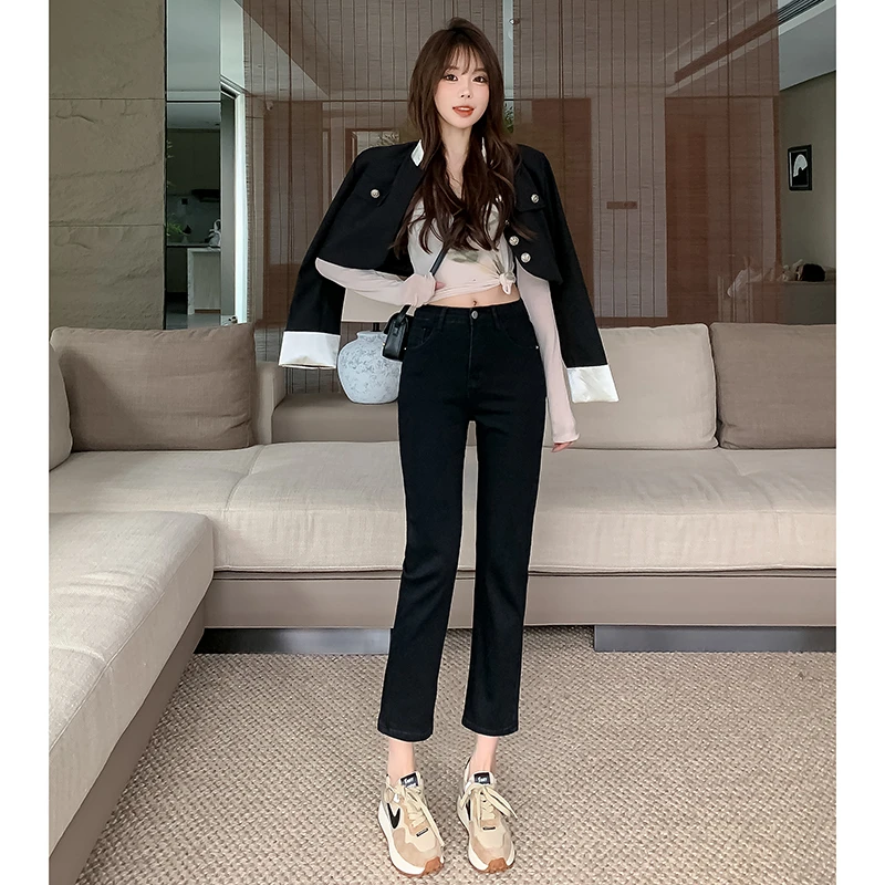 2025春季黑色高腰直筒牛仔裤女小个子新款弹力显瘦烟管直筒裤子女
