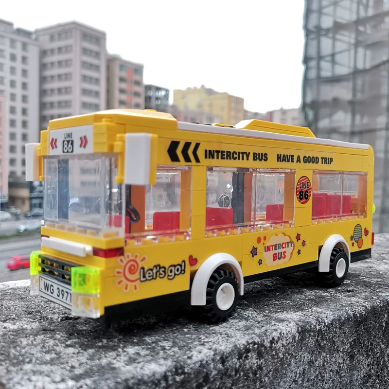 中国积木城际巴士公交车公共汽车客车警车消防车积木拼装儿童玩具