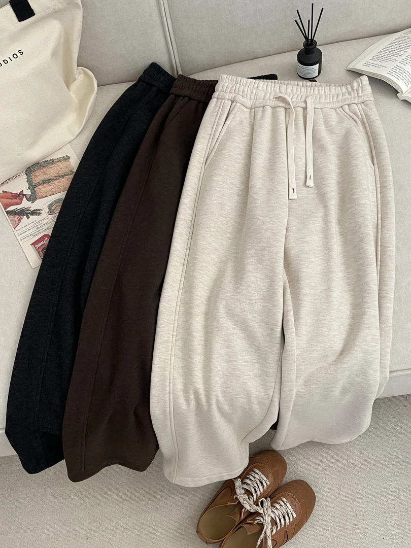 大妍【弯刀裤】小个子秋冬百搭加厚加绒松紧腰休闲绵羊毛长裤9096