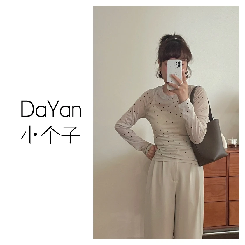 KAAYEN小个子韩系春夏薄款百搭显瘦打底圆领波点上衣长袖T恤8385