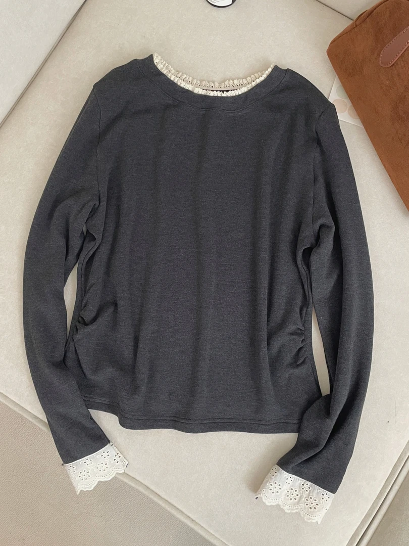 大妍【漫花】小个子秋冬百搭时尚花边拼接长袖T恤打底8670