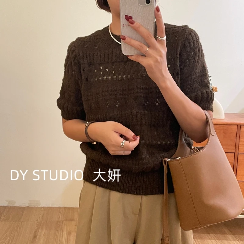 DAYAN小个子秋冬韩系设计师百搭圆领镂空短袖套头毛针织衫8261