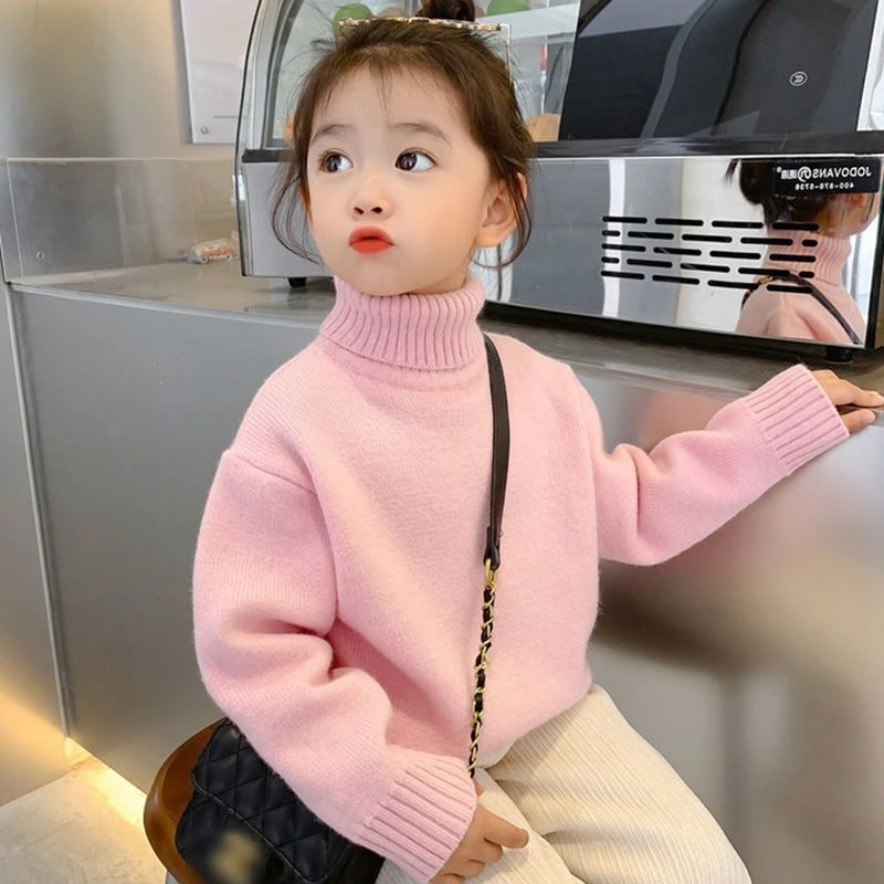 女童毛衣秋冬2025新款洋气加厚一体绒纯色百搭高领儿童针织打底衫