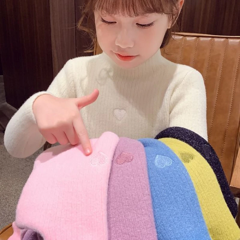 女童加绒毛衣冬装2025新款洋气小女孩针织衫儿童半高领保暖打底衫