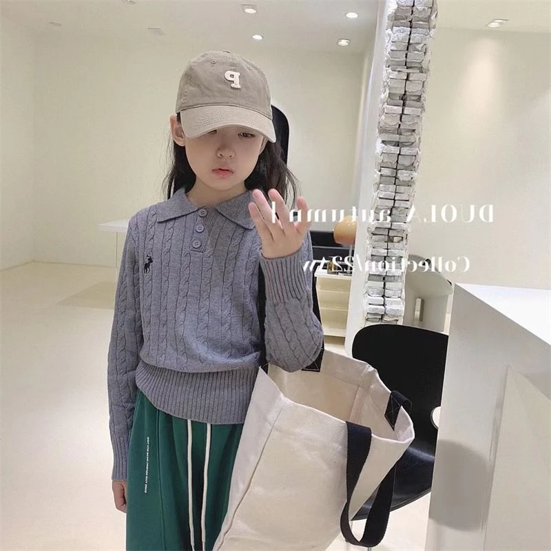 女童Polo领针织套头衫2025秋冬新款韩版儿童时髦复古针织衫毛衣潮