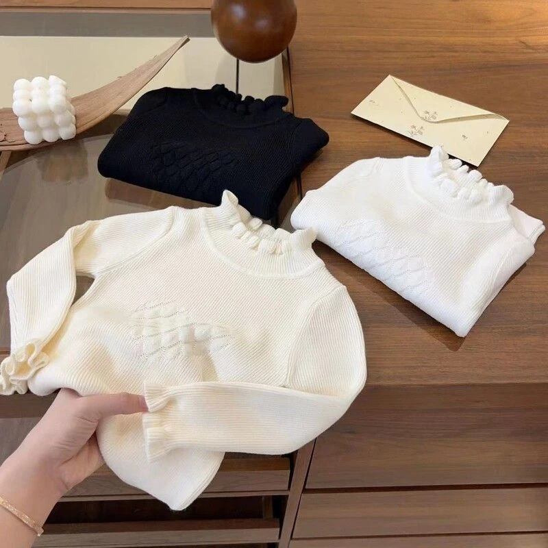 女童秋季毛衣2025新款女宝宝纯色坑条针织弹力半高领长袖打底衫潮