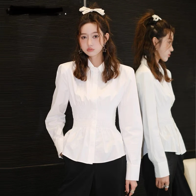NN175-时尚衬衫显瘦气质白色法式小众收腰设计感