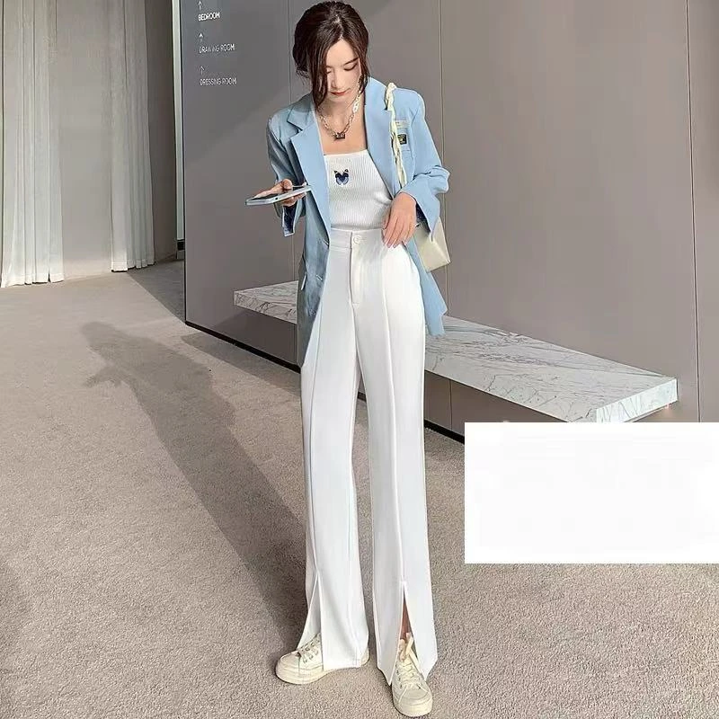 NN3375新款休闲开叉西装裤显瘦气质白色高腰直筒