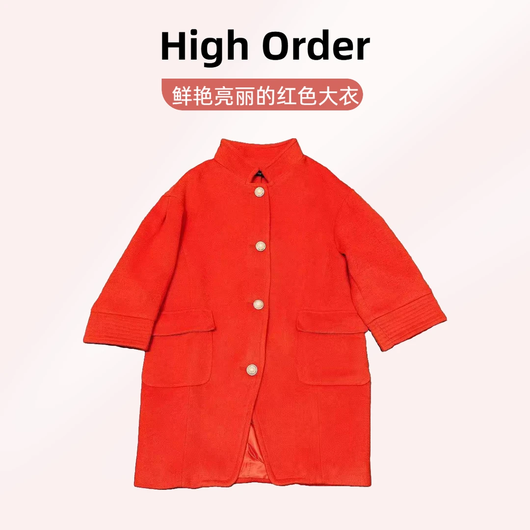 NN577-时尚毛呢大衣红色中长款双面呢韩版秋冬洋气百搭设计感