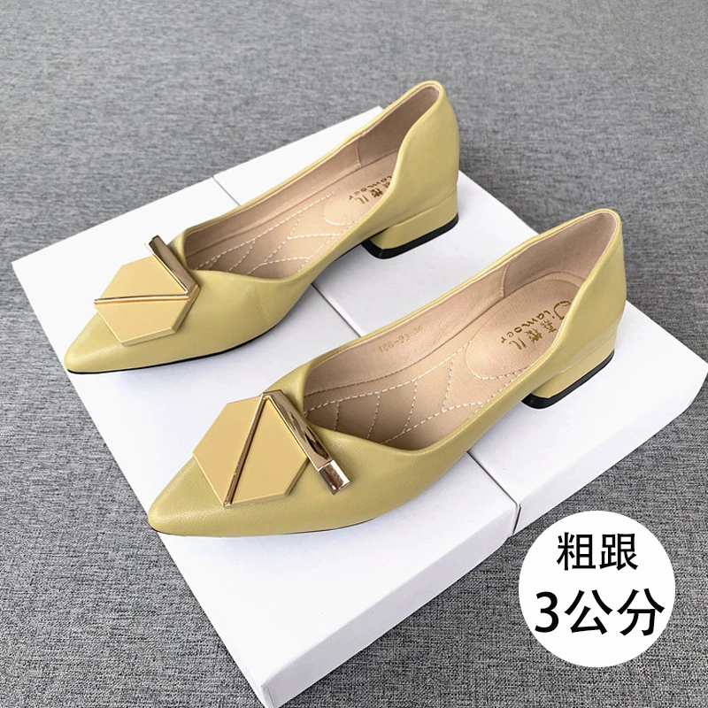 粗跟女单鞋2024春夏新款舒适通勤鞋尖头浅口女鞋时尚百搭瓢鞋低跟