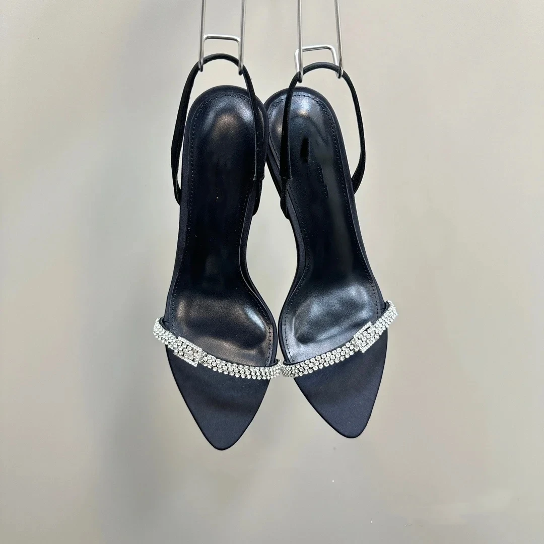 2024新款水钻一字带尖头高跟鞋细跟凉鞋