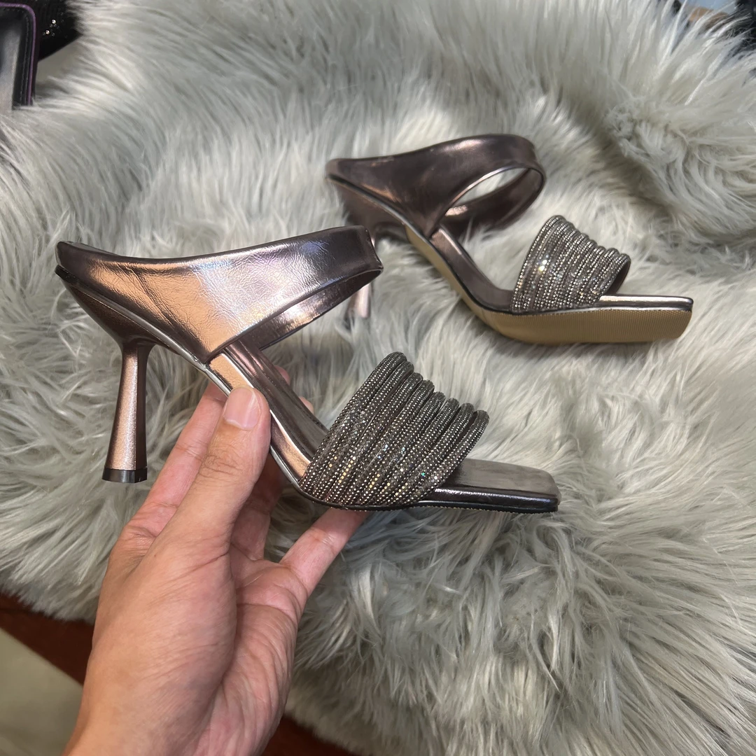 2024新款夏季女士一字带水钻高跟鞋细跟凉鞋拖鞋外穿