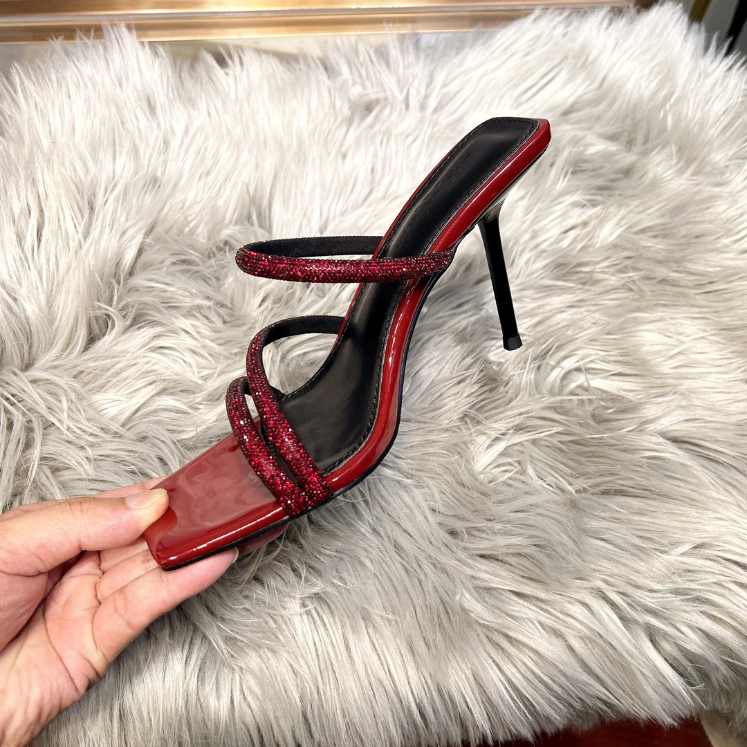 2024夏季新款酒红色一字带凉鞋女士细跟高跟鞋性感方头女鞋