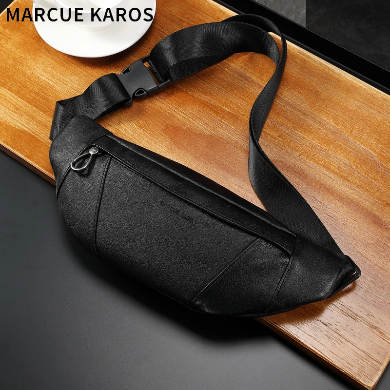 MARCUEKAROS真皮腰包男休闲胸包运动手机包单肩包时尚斜挎小背包