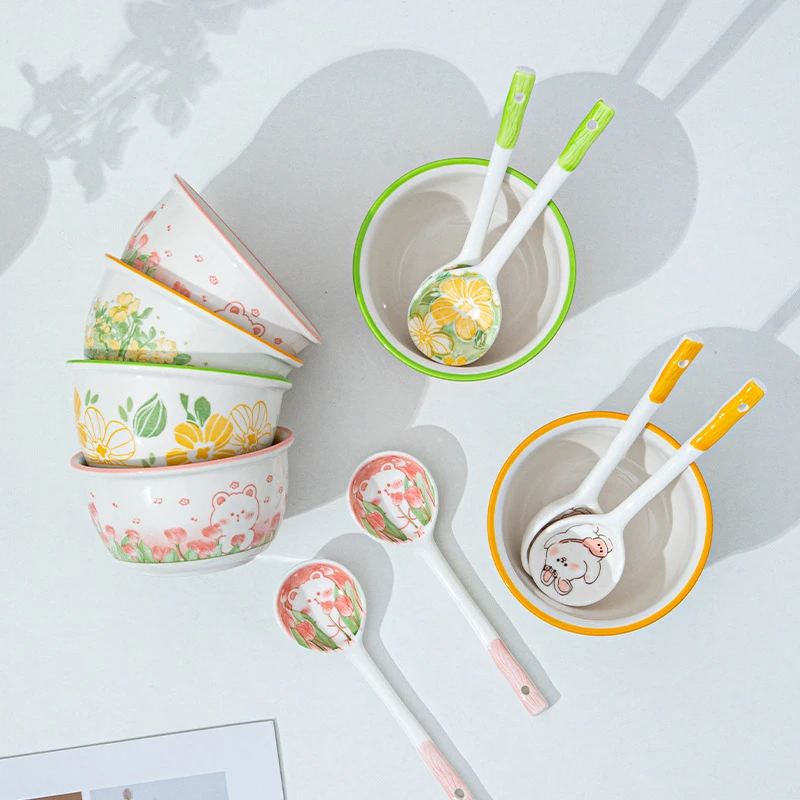 碗高颜值家用卡通网红碗陶瓷碗ins高颜值儿童组合餐具勺子米饭碗