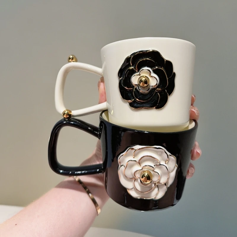璞陶里轻奢浮雕黑山茶花陶瓷杯高级咖啡杯家用办公杯中古风牛奶杯