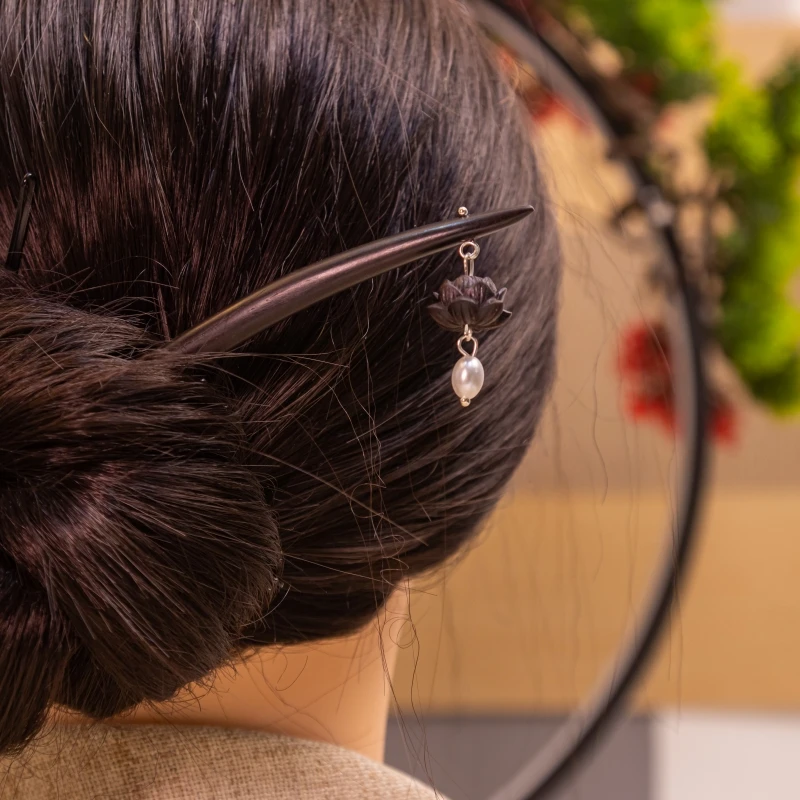 恬奇家“清冷莲花”紫光黑檀木古风仙气高级感黑莲红莲气质简约发簪