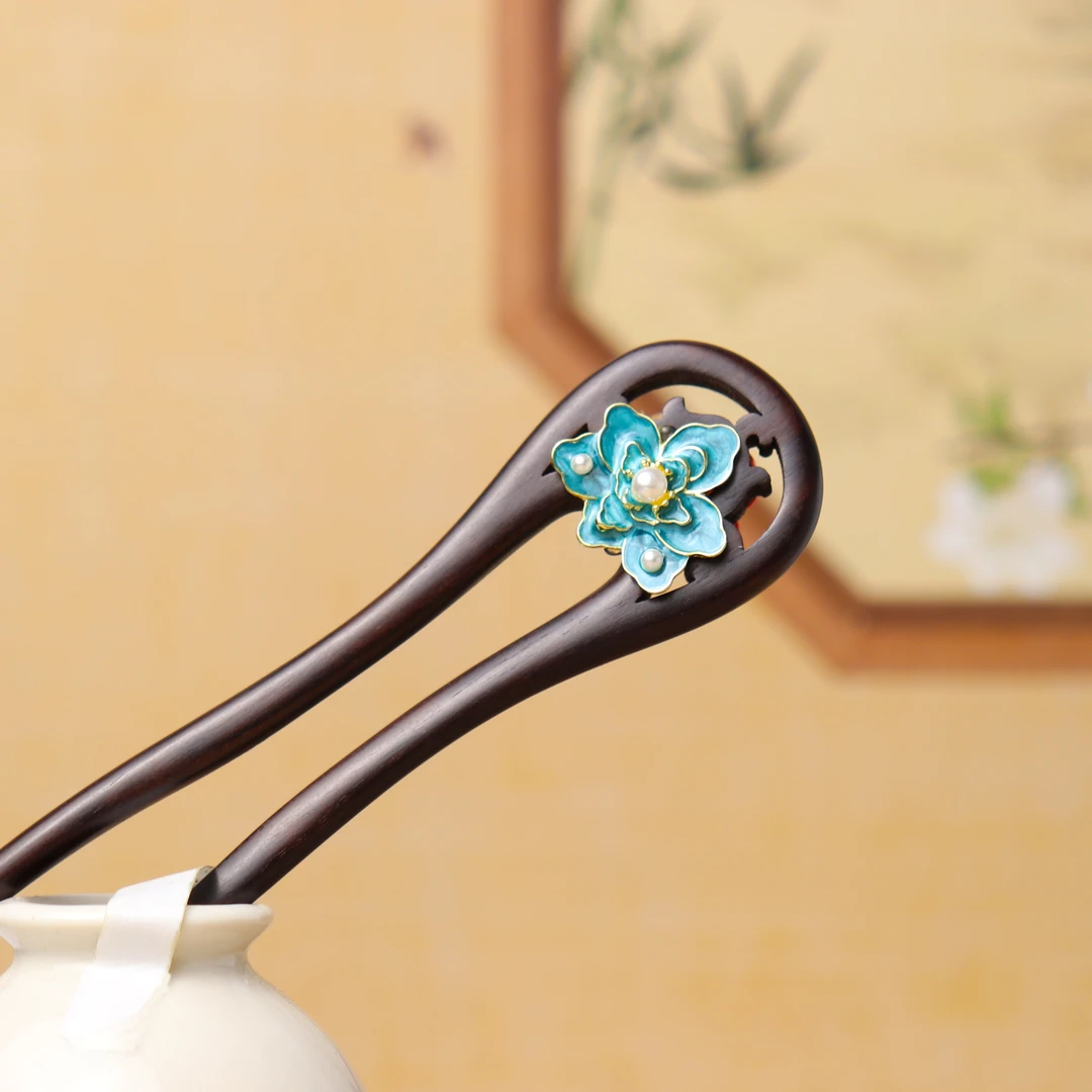 恬奇家“出水芙蓉”紫光黑檀木仙气高级滴油芙蓉双面新中式气质发簪