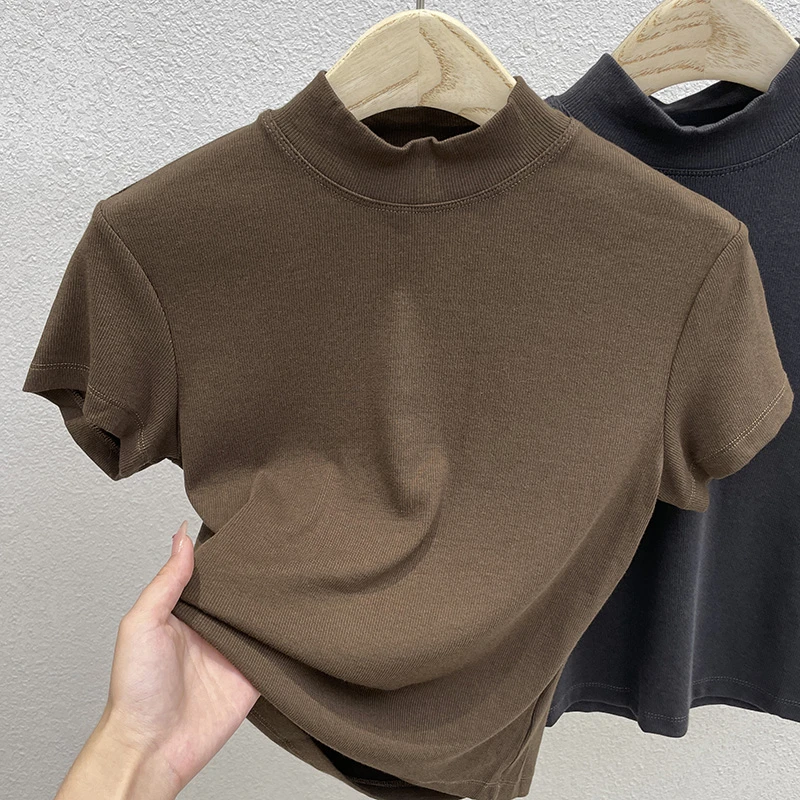 半高领短袖中袖t恤女夏2025新款针织内搭打底衫秋季正肩修身上衣