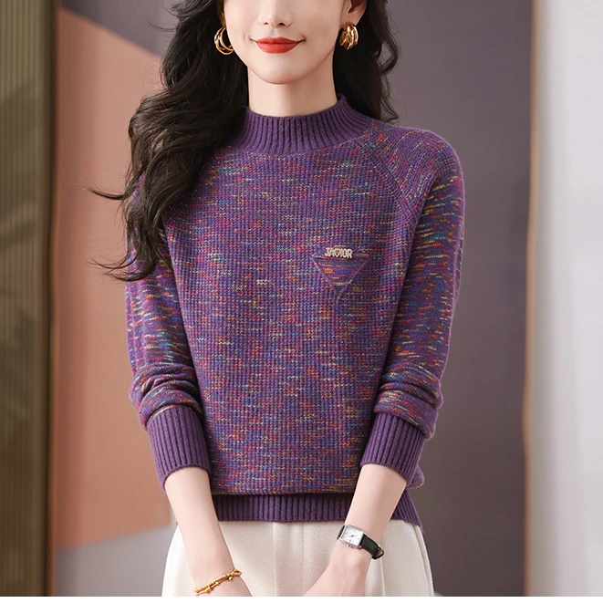 毛衣女半高领彩花色线洋气宽松显瘦遮肚子中年妈妈女士针织打底衫