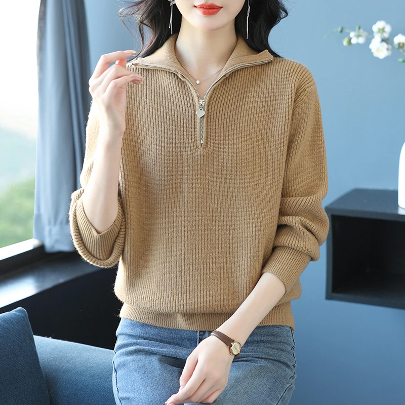 半拉链立领毛衣女春秋2024新款洋气妈妈宽松遮肚子显瘦打底上衣