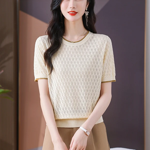 2024夏装新款洋气天丝莱赛尔t恤钩花中老年女短袖上衣薄款小衫