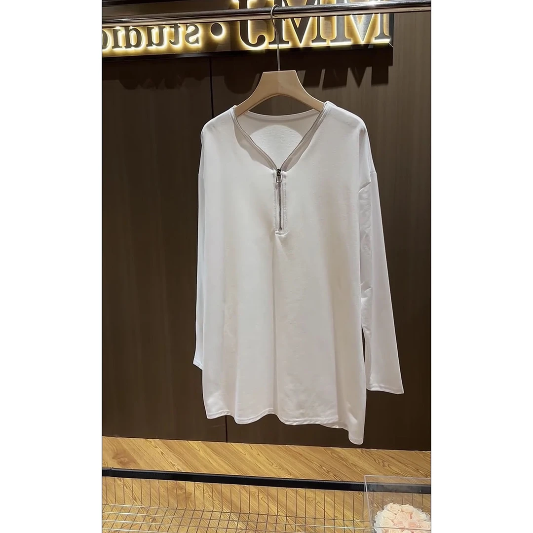 新款拉链设计感深V领T恤气质时尚百搭宽松小众简约长袖