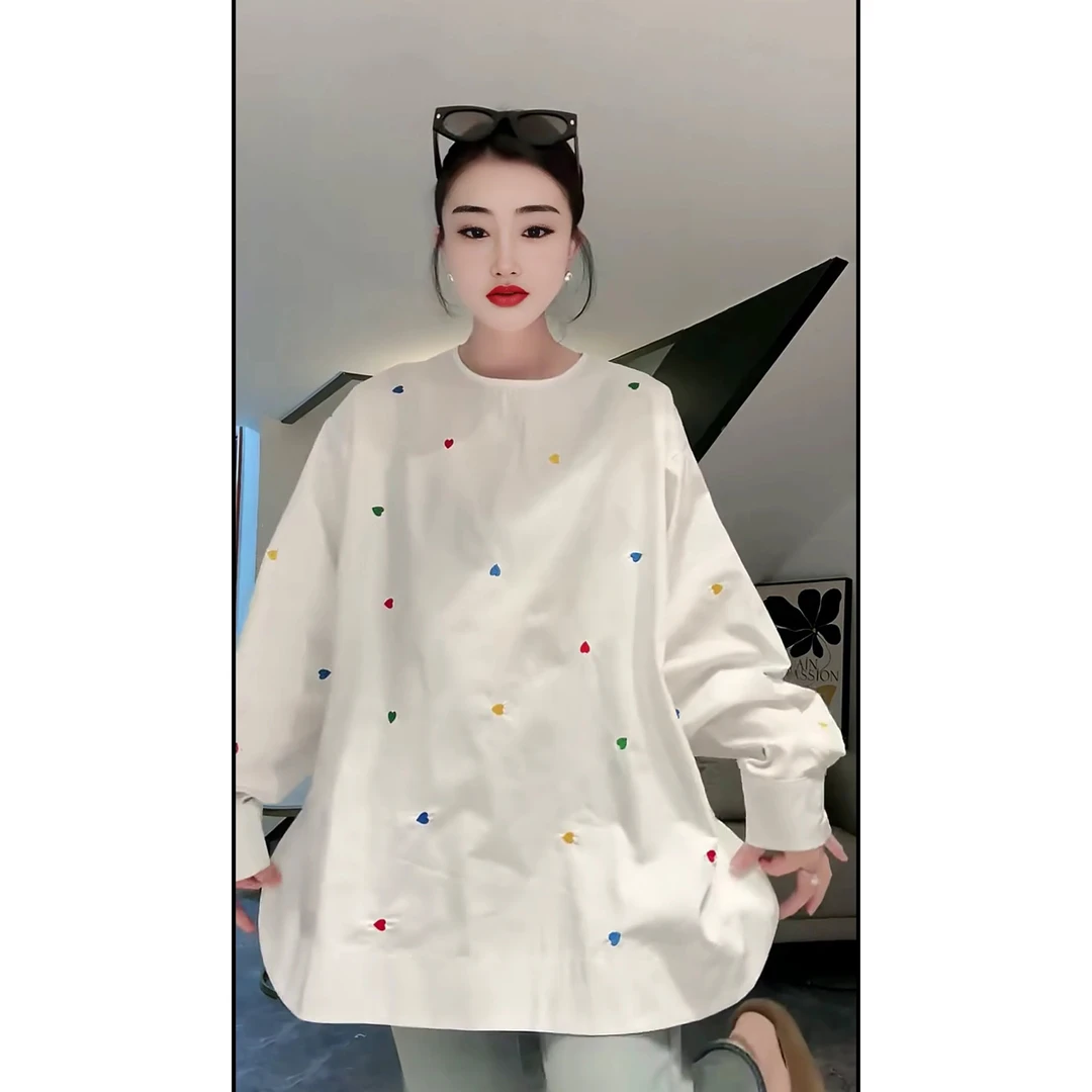 彩色爱心衬衣时尚百搭宽松圆领设计感休闲小众ins韩版