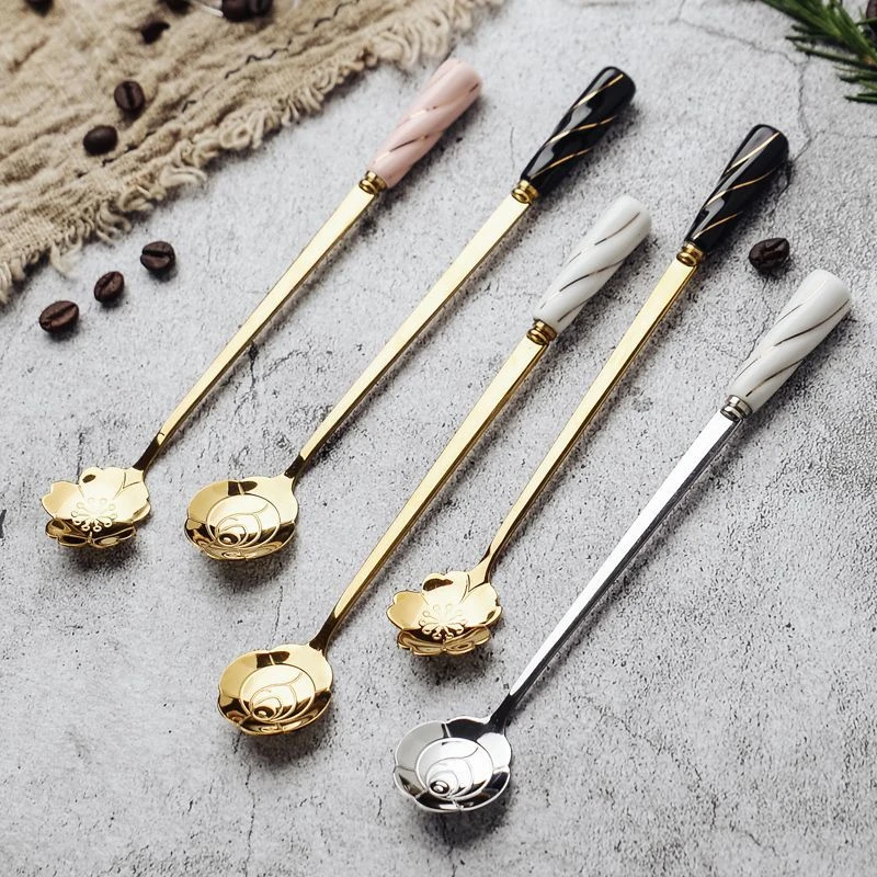 网红爆款ins樱花勺网红高颜值长柄勺子可爱不锈钢咖啡勺陶瓷柄勺