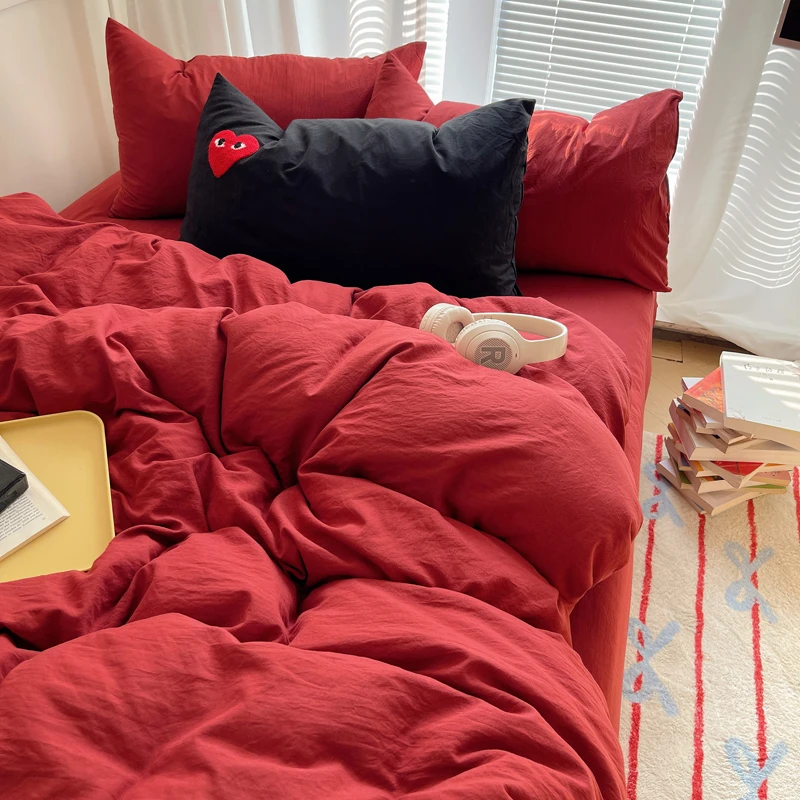 安可拉红-时尚纯色A类床上四件套三件套床单床笠有枕套可选混搭