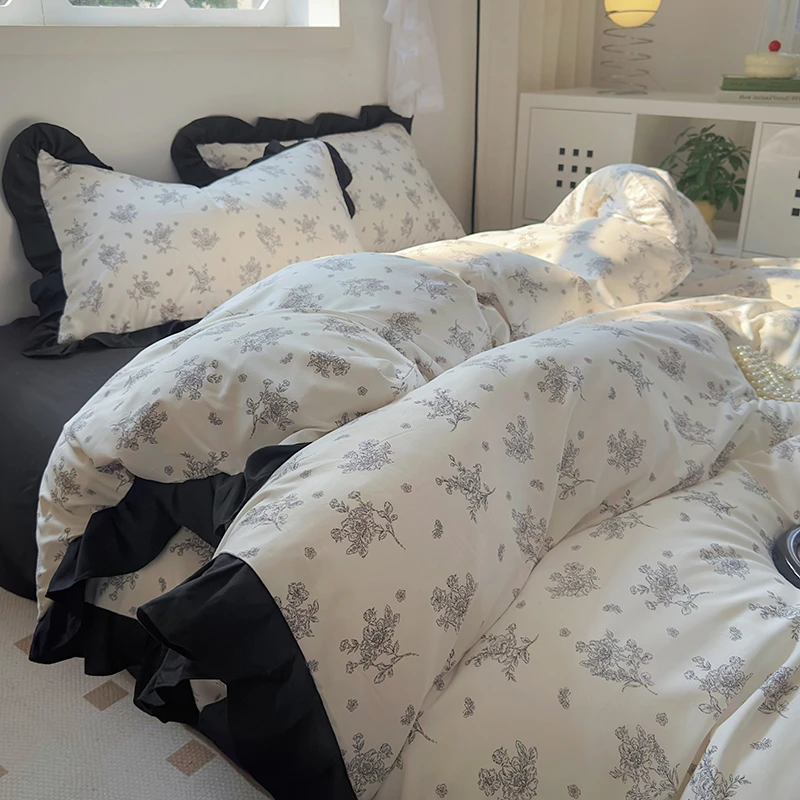 韩式花边款ins四件套床上用品床单被套宿舍三件套纯色学生田园风4