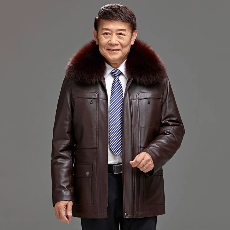 冬季中老年爸爸装皮衣男加绒加厚海宁冬装皮夹克真皮草内胆外套男