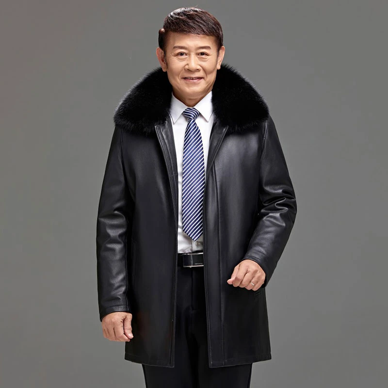头层绵羊皮大衣海宁真皮皮衣男中老年爸爸装中长款加厚毛领皮风衣