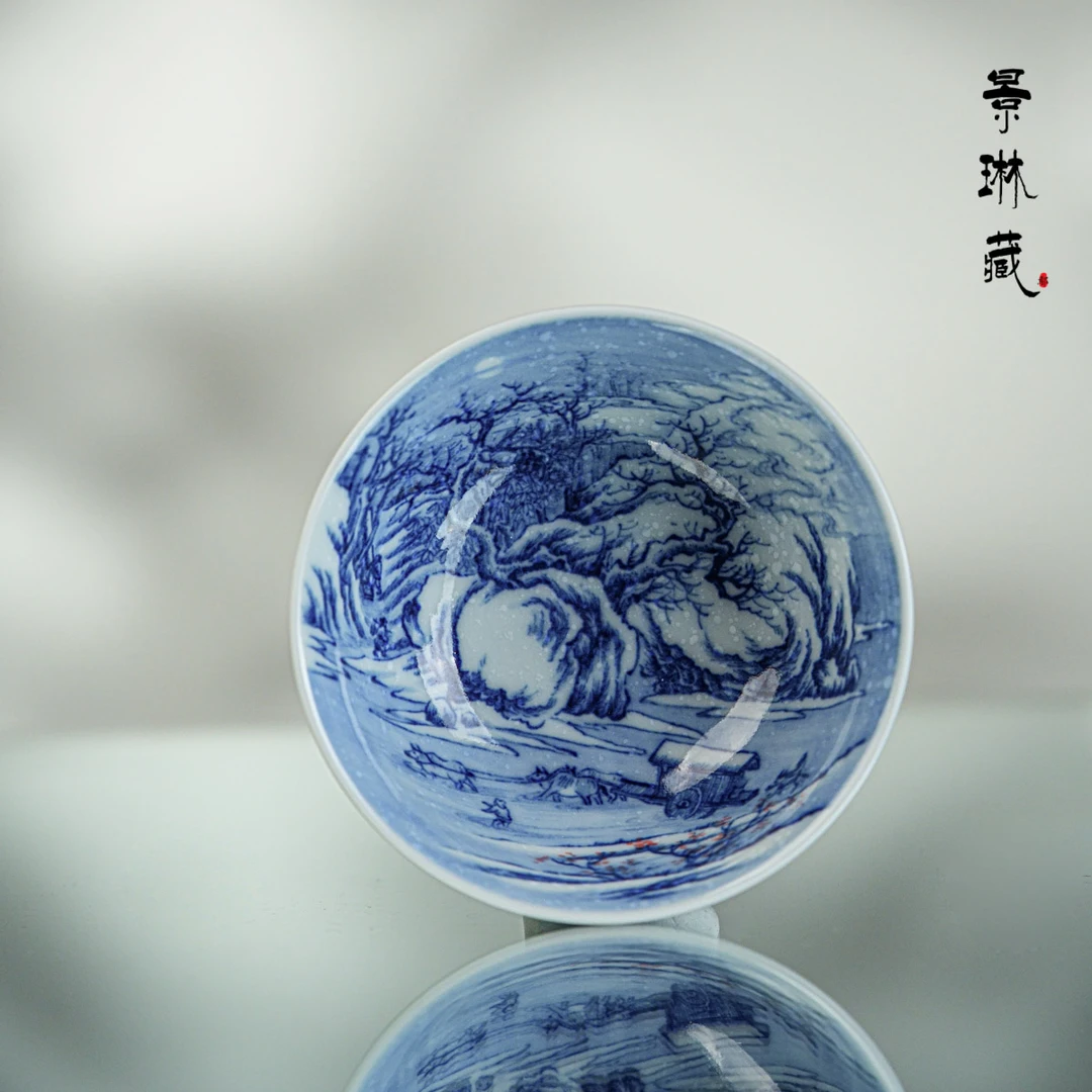 景琳藏雪涧盘车图普洱杯90cc    景德镇 全手工 中式青花手绘茶具