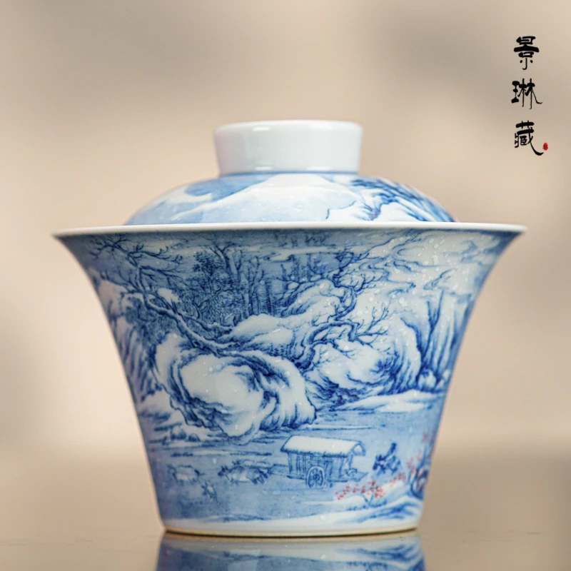 景琳藏雪涧盘车图二才盖碗150ml   景德镇青花手绘全手工陶瓷茶具