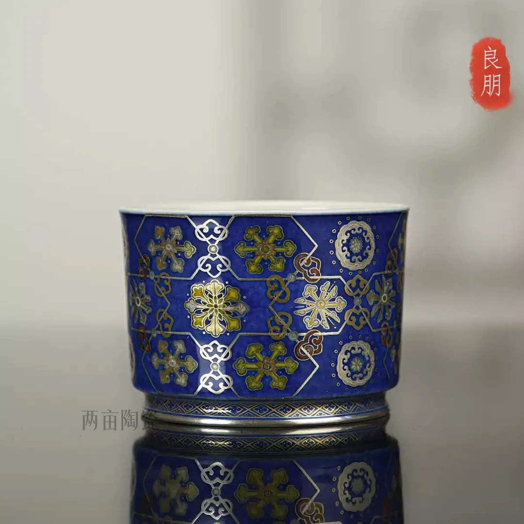 良朋柴窑蓝底描金锦底纹单杯200ml     景德镇青花釉下彩手绘茶具