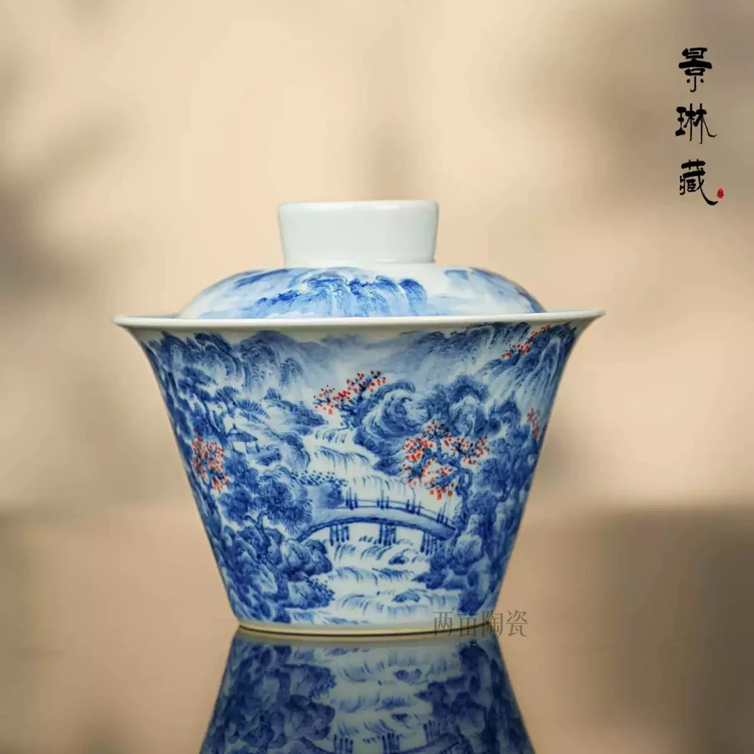 景琳藏桃源春晓二才盖碗 150ml 景德镇釉下彩 全手工青花手绘茶具