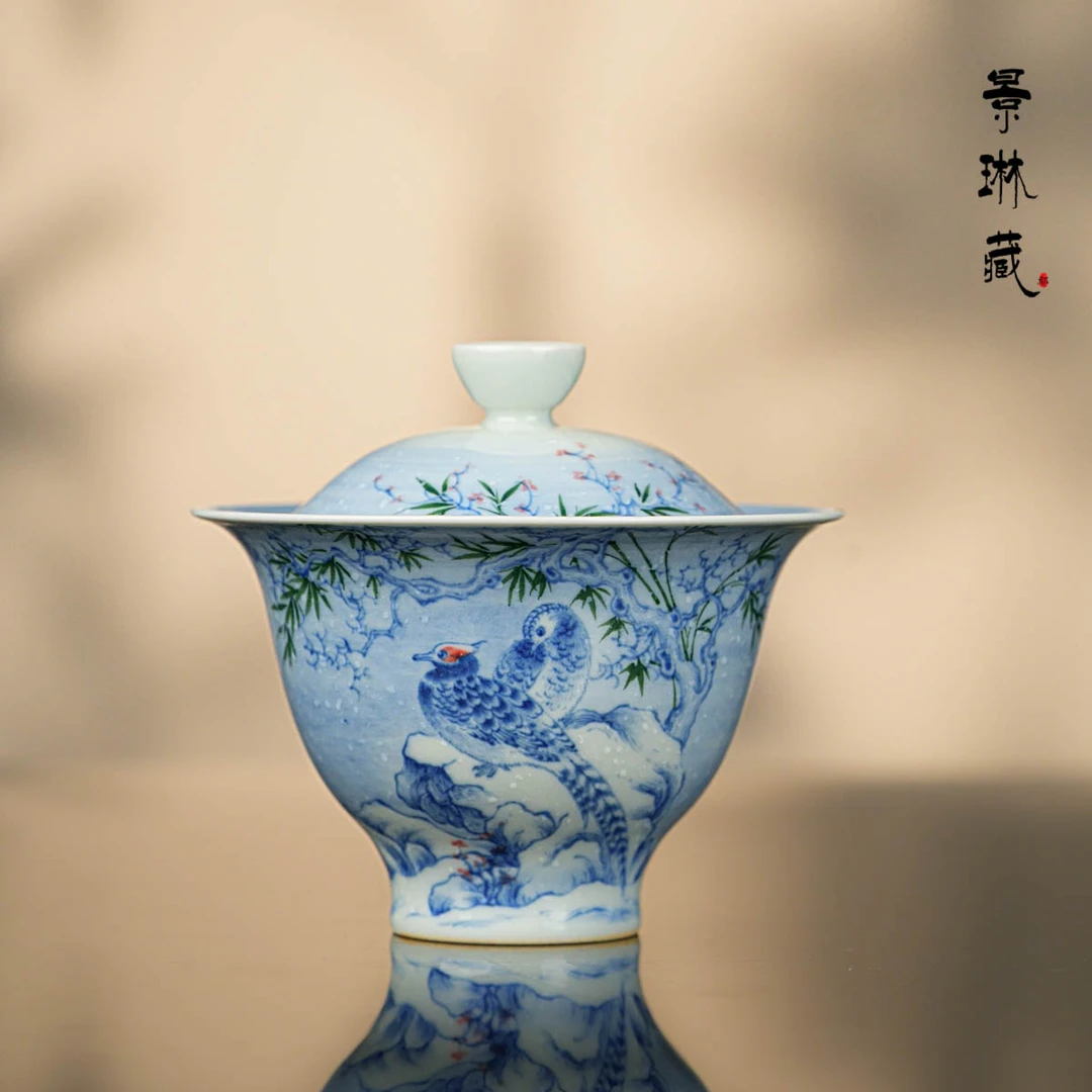 景琳藏寒林锦羽二才盖碗110ml  景德镇釉下彩 全手工青花手绘茶具