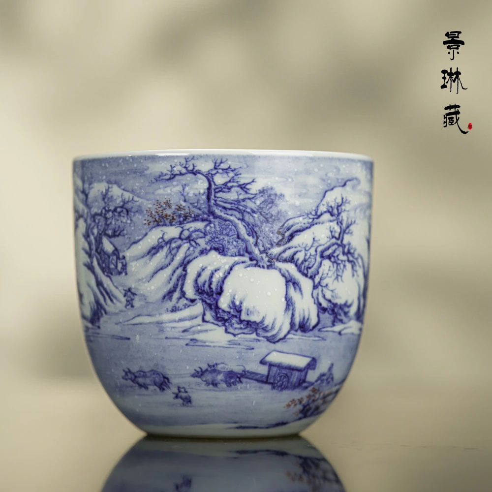 景琳藏雪涧盘车图大手握杯 景德镇釉下彩 全手工中式青花手绘茶具