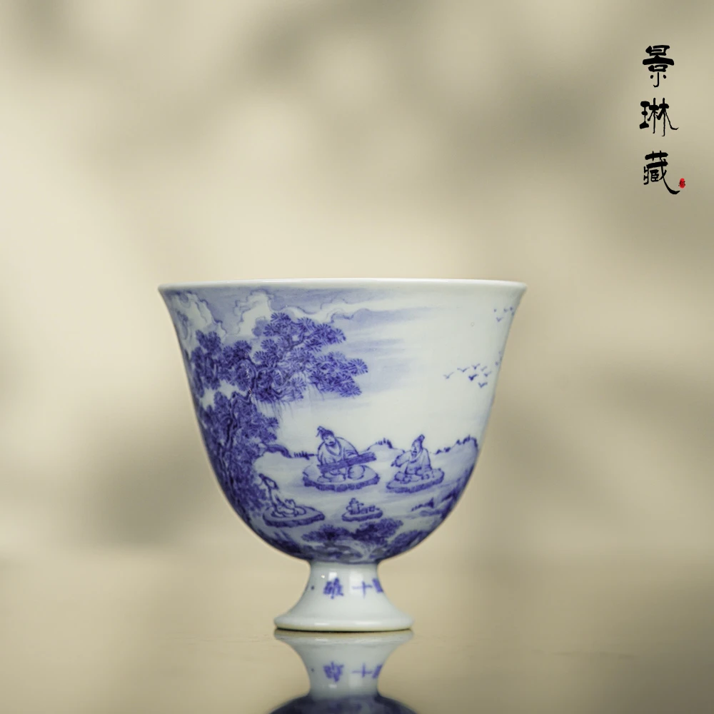 景琳藏十雅扶琴酒杯型单杯 景德镇釉下彩全手工中式青花手绘茶具
