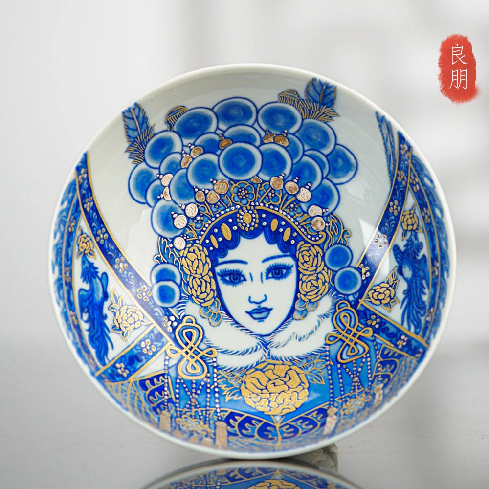 良朋柴窑描金刀马旦杯130ml 景德镇全手工青花釉下彩手绘陶瓷茶具