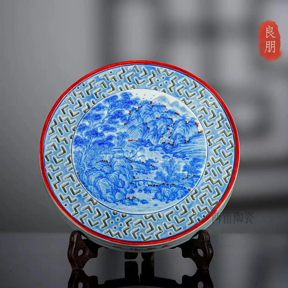 良朋柴窑山水壶承  景德镇釉下彩 全手工中式青花手绘陶瓷茶具