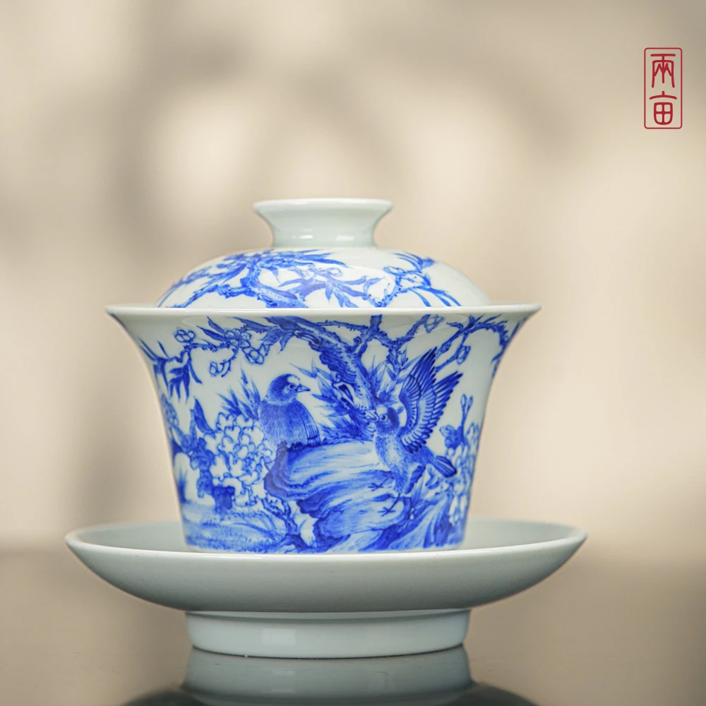 两亩陶瓷桃花双鸟三才盖碗 景德镇釉下彩 全手工青花手绘中式茶具